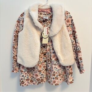 Max Studio Toddler Girl's Floral Corduroy Dress With Faux Fur Vest Size 3T New